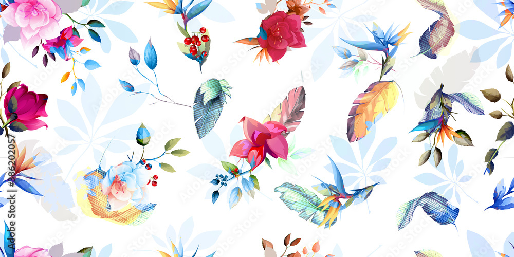 Wide vintage seamless background pattern. Tropical leaves, wild flowers on white blue. Abstract, hand drawn, vector - stock.