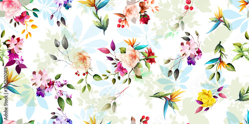 Wide seamless background pattern with wild flowers, leaves and tropical elements on white. Hand drawn illustration. vector - stock.