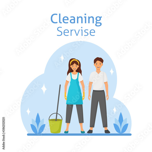 Vector cartoon style illustration of cleaning service man and woman character. Housekeeping icons. Isolated on white background. Vector illustration