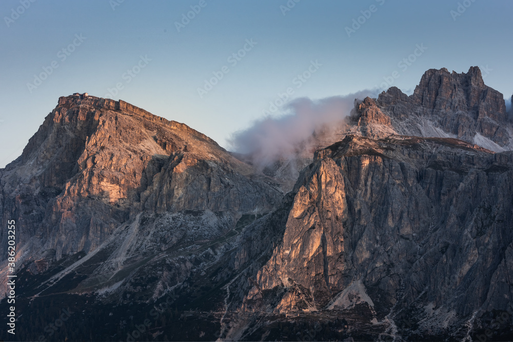 Mount Lagazuoi at sunrise in Cortina D'ampezzo, famous ski resort in the Dolomites