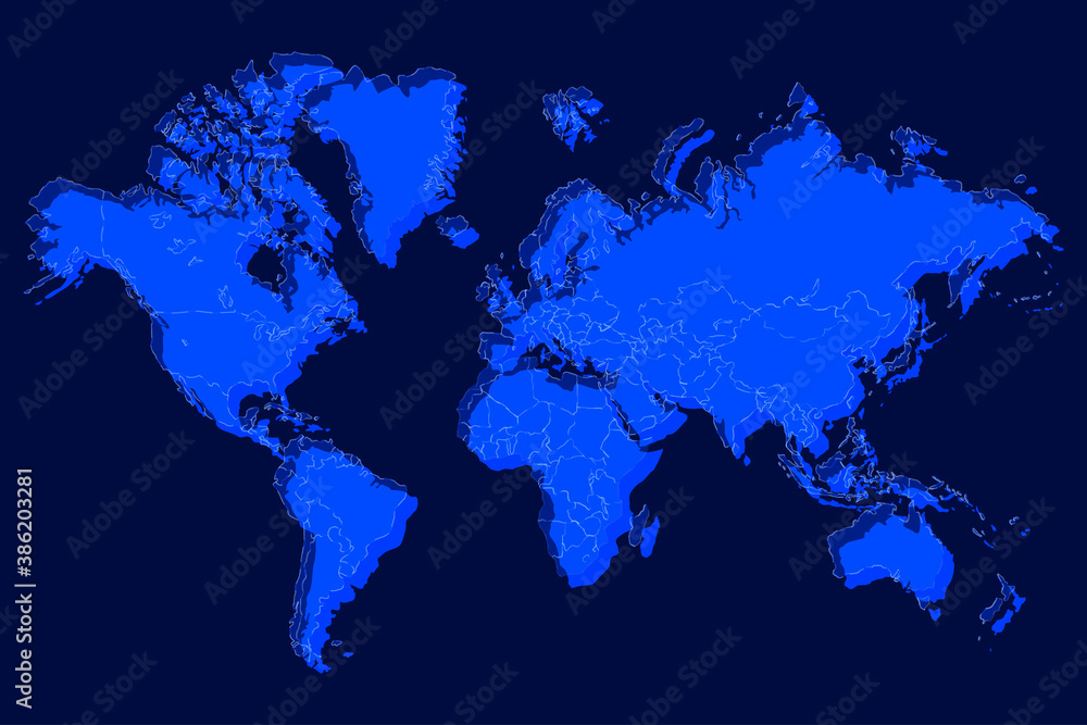 Fototapeta premium Political world map with shadow isolated on blue background