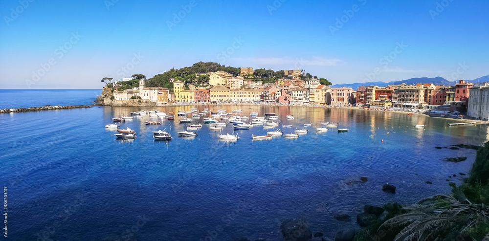 Ultra wide panorama of the Bay of Silence in Sestri Levante