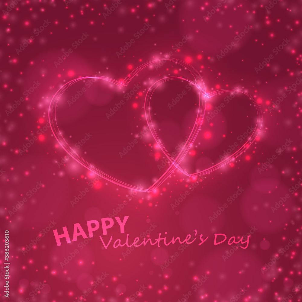 Happy valentines day card with hearts and lettering Happy Valentine's day, sparkles on pink background. Vector illustration. Holiday design, decor.