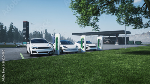 Obraz na płótnie Electric vehicle charging with gas station background