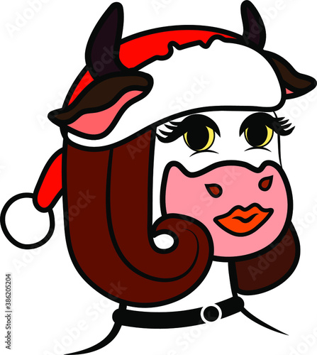 humanized new year's portrait of a cow in a short hairstyle in a new year's red Cap, drawn in vector, on a white background in isolation