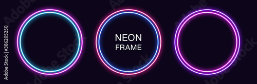 Neon circle Frame. Set of round neon Border with double outline. Geometric shape