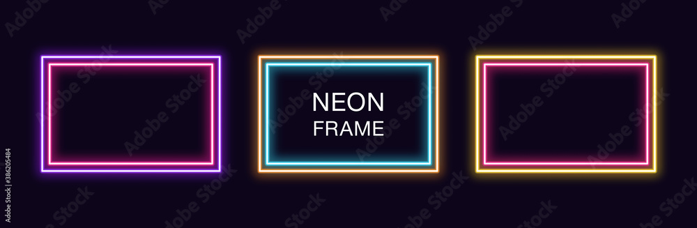 Neon rectangle Frame. Set of rectangular neon Border with double outline. Vector geometric shape Neon rectangle Frame. Set of rectangular neon Border with double outline. Vector geometric shape