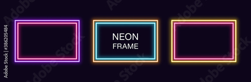 Neon rectangle Frame. Set of rectangular neon Border with double outline. Vector geometric shape