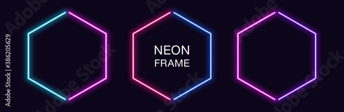 Neon hexagon Frame. Set of hexagonal neon Border in 2 outline parts. Geometric shape
