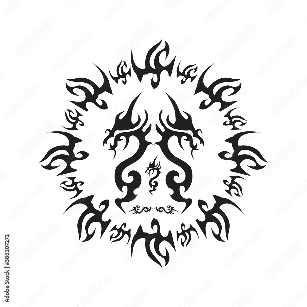 Dragon tribal / tattoo with circular fire ornament vector design 
