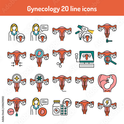Gynecology color line icon. Female reproductive system medical checkup. Pictogram for web page, mobile app