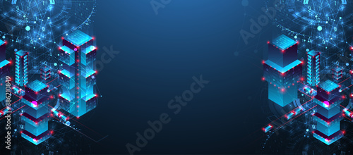 Isometric big data concept, database. Abstract technology background. Vector illustration