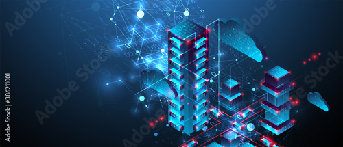 Isometric big data concept, database. Abstract technology background. Vector illustration