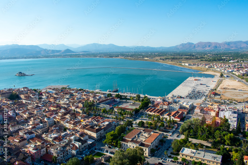 Aerial panoramic view of Napflio, Greece from Palamidi fortress. Seaport town in the Peloponnese peninsula 