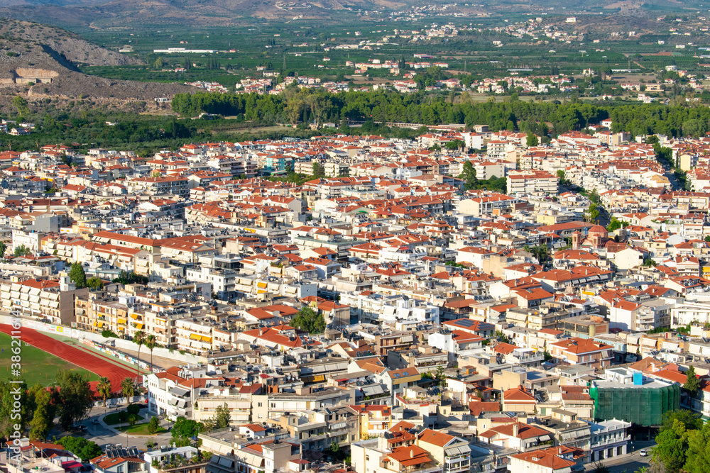 Aerial panoramic view of Napflio, Greece from Palamidi fortress. Seaport town in the Peloponnese peninsula 