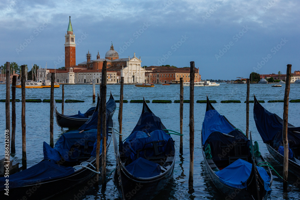 Venice, Italy. Gondolas and San Giorgio Maggiore island seascape.