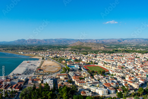 Aerial panoramic view of Napflio, Greece from Palamidi fortress. Seaport town in the Peloponnese peninsula 