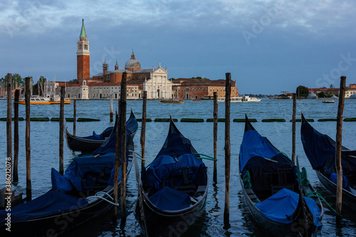 Venice, Italy. Gondolas and San Giorgio Maggiore island seascape.