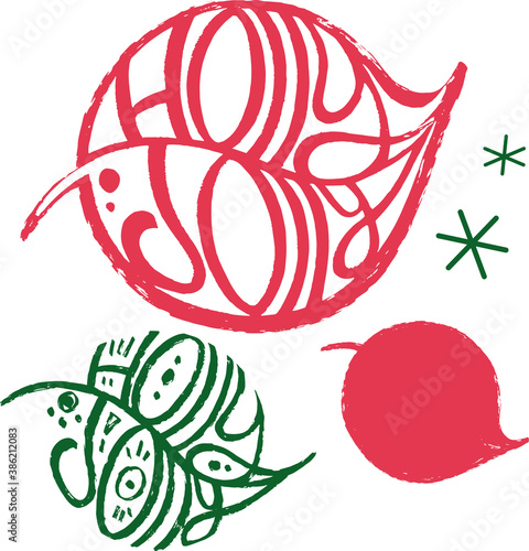 vector graphics, christmas lettering holly jolly on plant leaves. photo