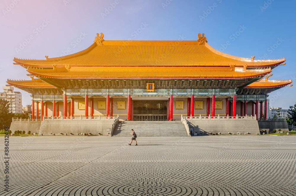 Obraz premium Taipei, Taiwan - Circa April 2018 -Taiwan's National Theater at Liberty Square next to Chiang Kai-Shek Memorial Hall. Taipei, Taiwan. Chinese letters means 