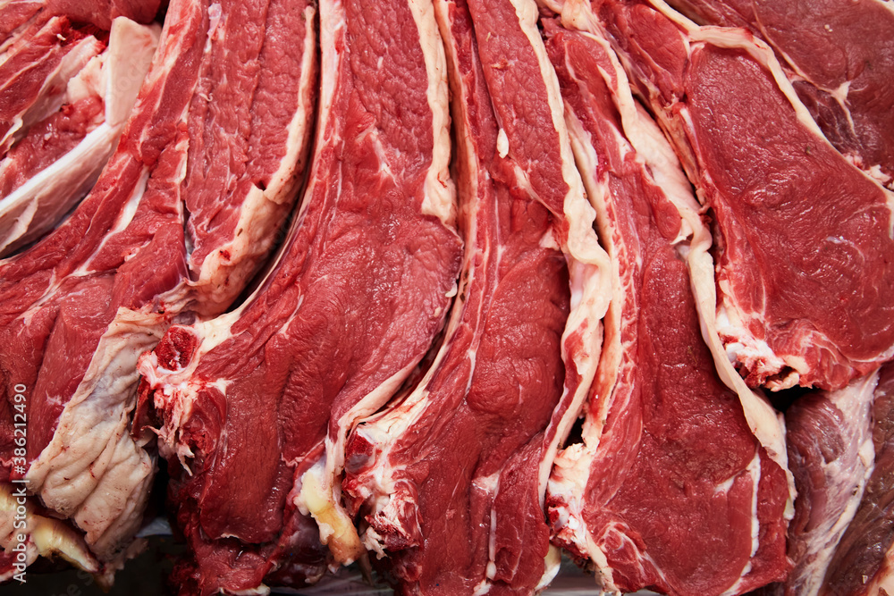 Fresh meat, pork steaks, beef.  Farm meat on the market.