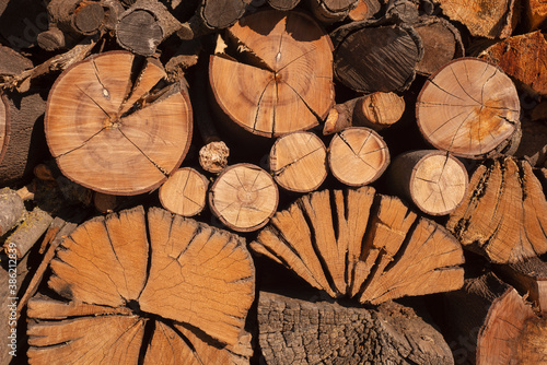 stack of firewood at the farmhouse detail with sunlight horizontal