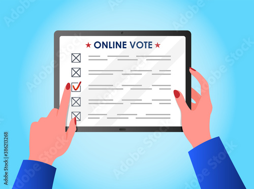 Online voting concept. Woman's hands holding a tablet. 