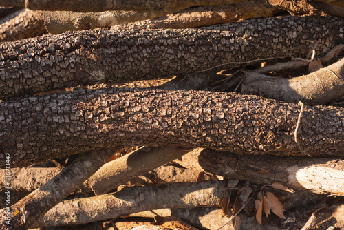 stack of unchopped firewood at the farmhouse detail