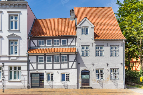 White half timbered house in historic city Flensburg, Germany