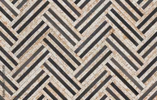 Light wooden background. Black and white parquet floor with herringbone pattern. Shabby wooden planks texture. 