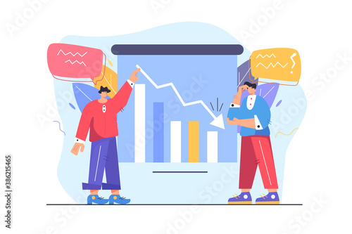 Two guys shareholders failed, failed to invite, falling graph, frustrated guy does not understand what is the reason, isolated on white background, flat vector illustration
