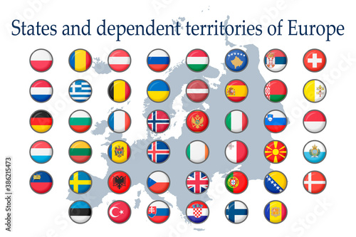 A set of European flag icons on a white background. Vector image of flags of States and dependent territories of Europe. You can use it to create a website, print brochures, booklets, and flyers.