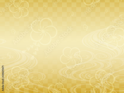 金の背景と和風な波のフレーム_イラスト_梅の模様