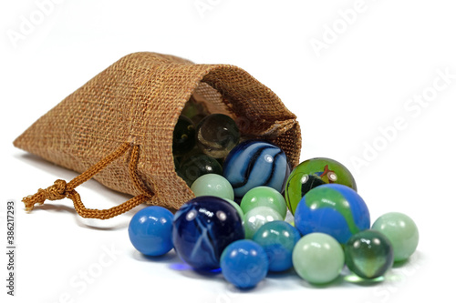 Photography Bunte Glaskugeln im Jutesack