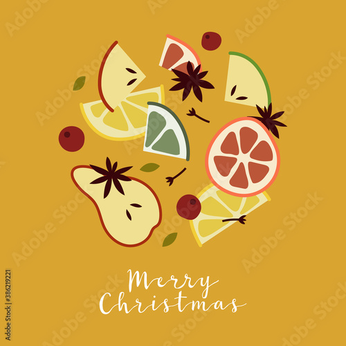 Christmas mulled white wine with citrus fruit, apple, cinnamon, clove, cardamom, anise. Winter hot drink. Sangria, apple cider. Traditional xmas and new year beverage. Vector flat cartoon illustration