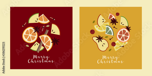 Christmas mulled wine with citrus fruit, apple, cinnamon, clove, cardamom, anise. Red and white wine, sangria, apple cider. Winter hot drink. Traditional xmas beverage. Vector flat cartoon art