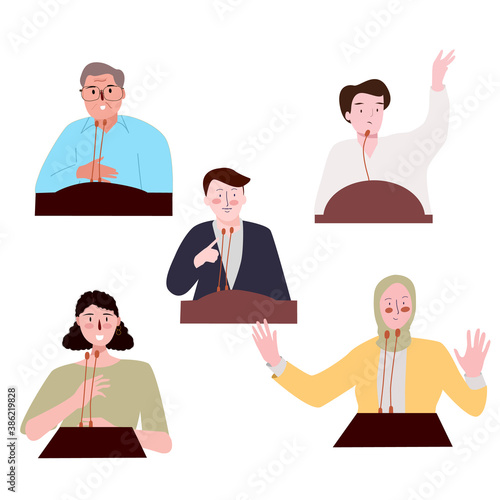 Speaker debate talk people character set collection white isolated background with flat color styl