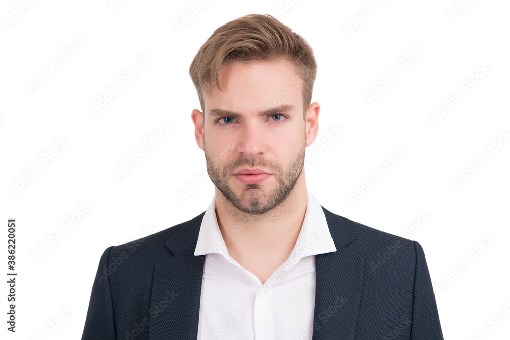 Treat your hair today. Handsome man with stylish haircut isolated on white. Trendy short haircut. Hair salon. Barbershop. Expert care for every haircare need Treat your hair today. Handsome man with stylish haircut isolated on white. Trendy short haircut. Hair salon. Barbershop. Expert care for every haircare need