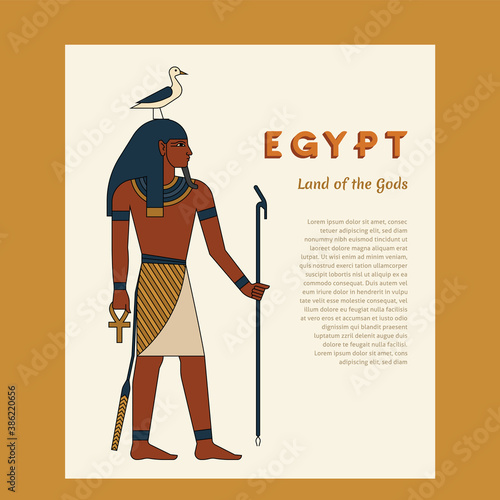 Egyptian ancient god Seb or Keb. The man is holding a staff. On the head are bird. Ankh. Vector illustration.