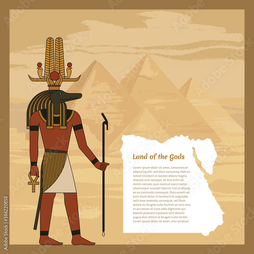 Egyptian ancient god Sobek. The man is holding a staff. On the head are bird. Ankh. Vector illustration.