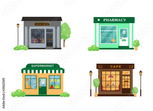 Book store, cafe, pharmacy and supermarket exterior.