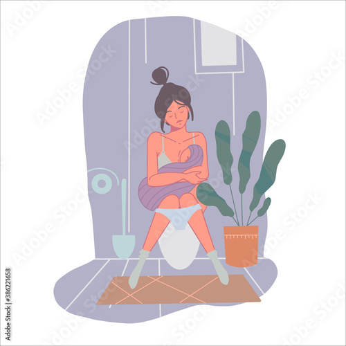 Depressed mom. Tired Single Mother breastfeeds her baby. concept of postpartum depression and difficulties of motherhood. Flat vector illustration. Isolated on white. 