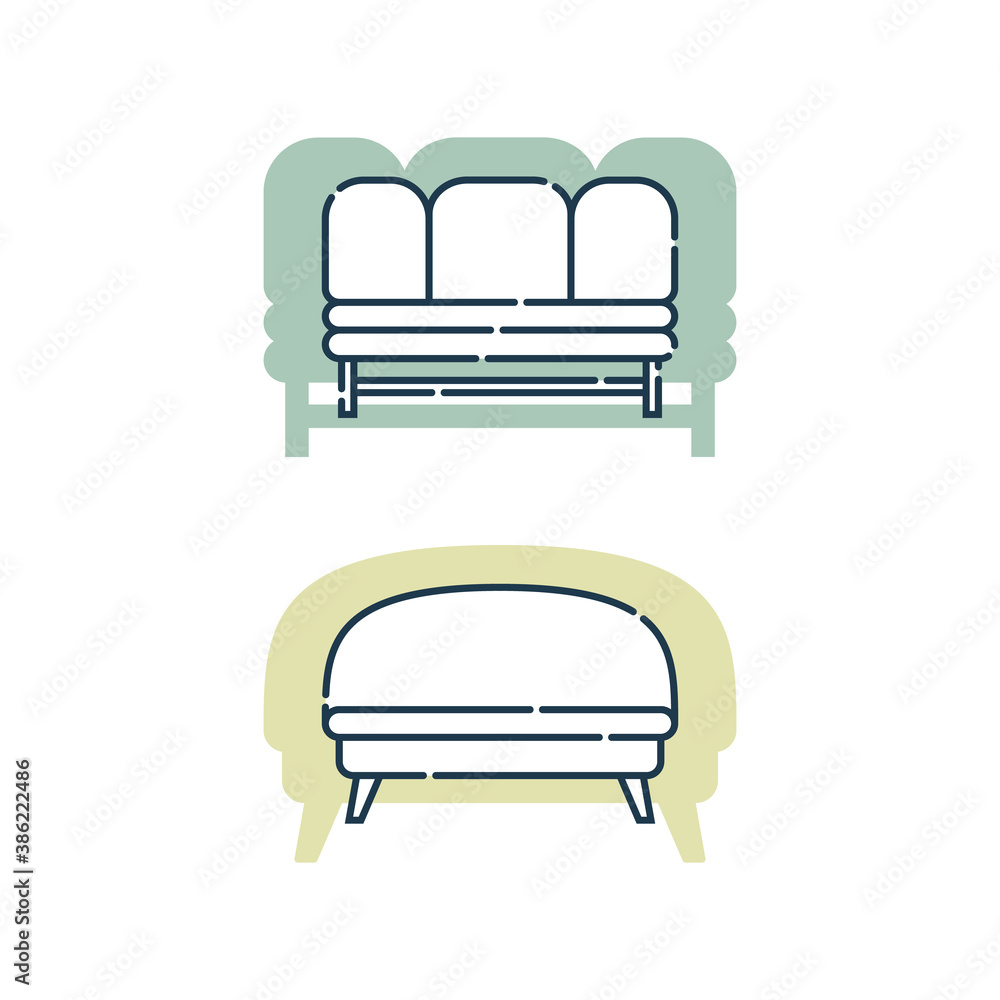 Two comfortable sofa with pillows. Flat illustration with settee on shape background. Modern stylish object for relaxation. Image of couch in line art style. Element furniture of the interior Two comfortable sofa with pillows. Flat illustration with settee on shape background. Modern stylish object for relaxation. Image of couch in line art style. Element furniture of the interior