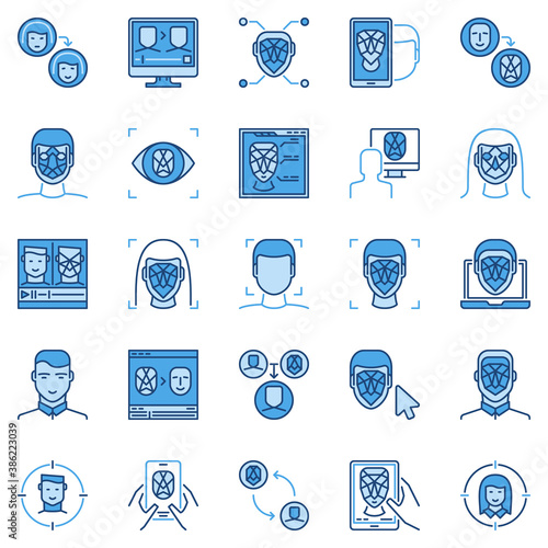 Face Detection and Deepfake blue modern icons collection - vector Human Face Verification Technology concept creative symbols or logo elements