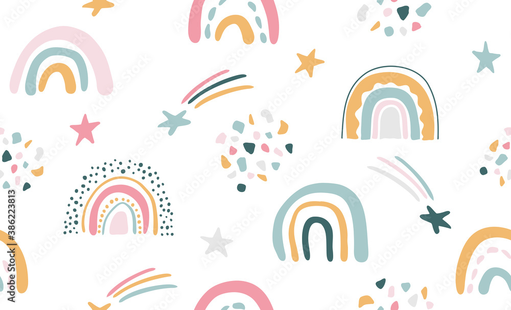 Fototapeta premium Seamless vector pattern with hand drawn rainbows and sun.