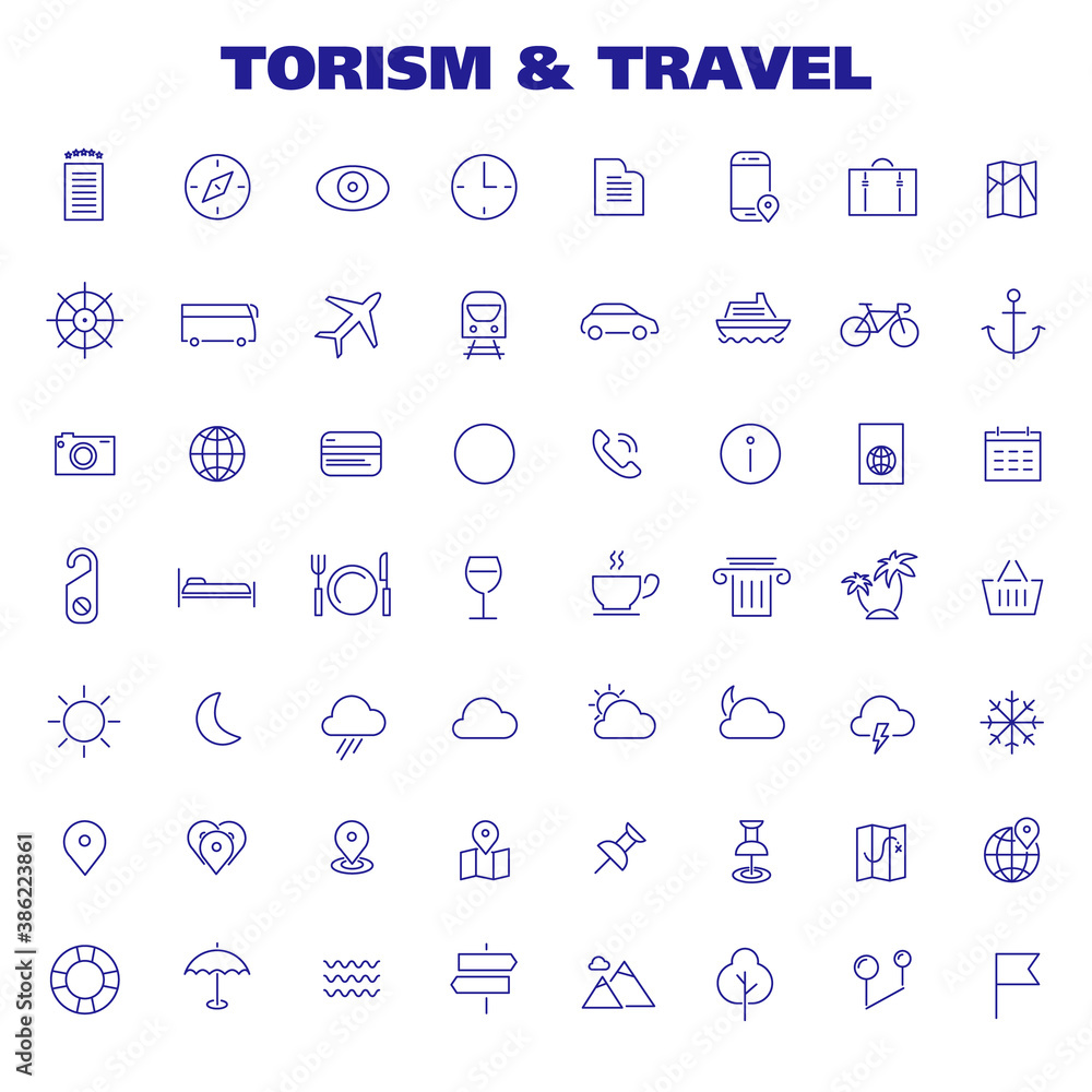 Trendy big tourism and travel icons collection
