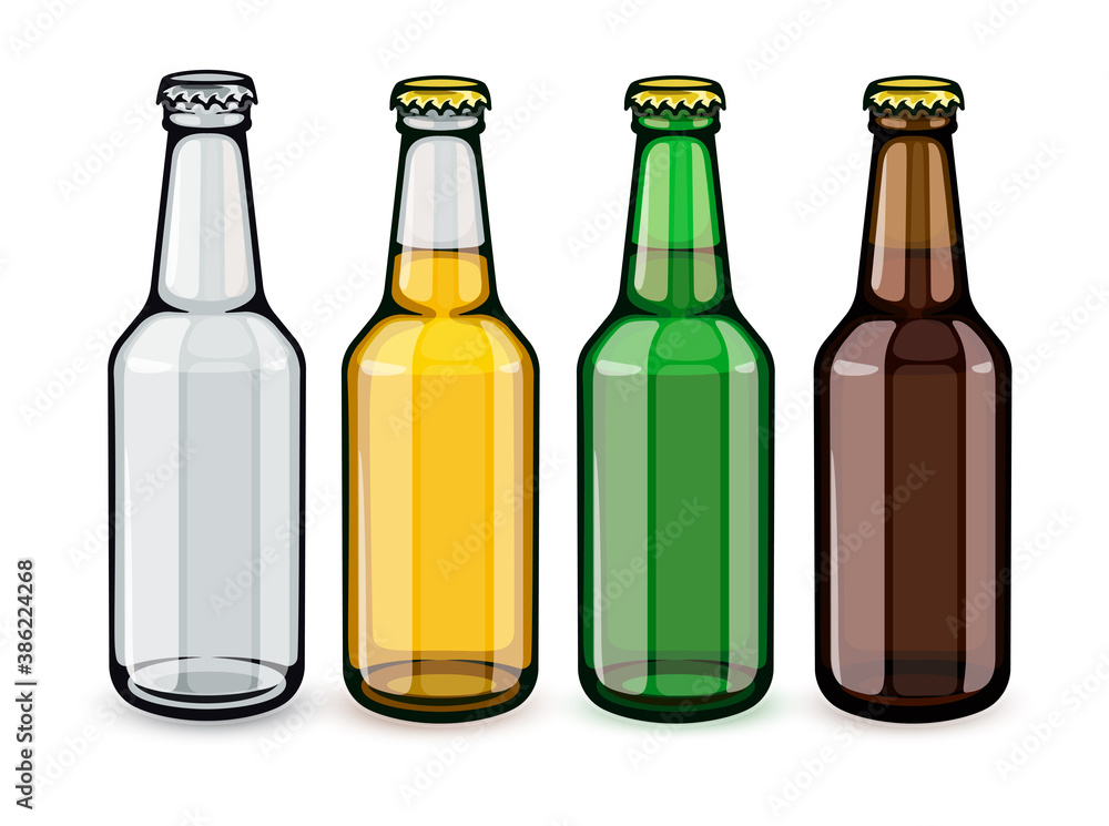 Beer bottles set of empty and full filled with crafting brewery beer drink glass tare closed with caps, isolated white background. Illustration. Beer bottles set of empty and full filled with crafting brewery beer drink glass tare closed with caps, isolated white background. Illustration.