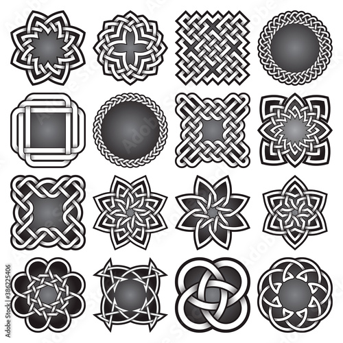 Set of abstract sacred geometry symbols in Celtic knots style. Tribal tattoo signs collection.