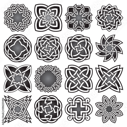 Set of abstract sacred geometry symbols in Celtic knots style. Tribal tattoo signs collection.