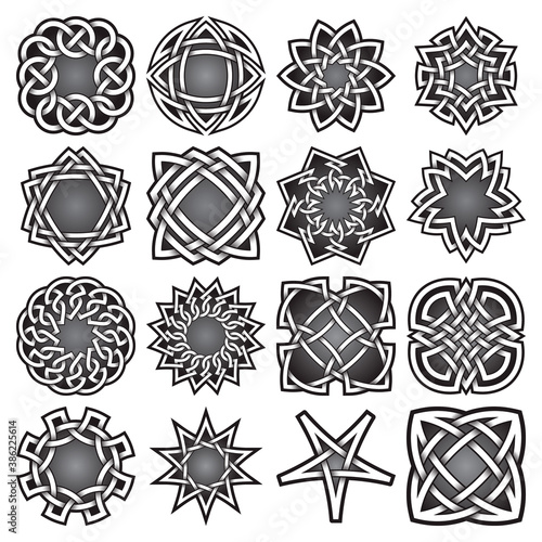 Set of abstract sacred geometry symbols in Celtic knots style. Tribal tattoo signs collection.